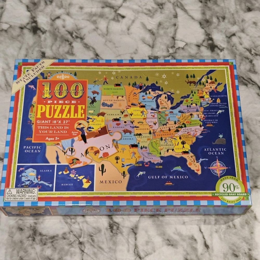 This Land‎ Is Your Land eeboo United States 100 pc Map Puzzle, Giant 18x27